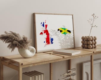 UK to Jamaika Aquarell Flagge Karte Wand Kunst Druck | Jahrestag Umzugsgeschenk des Vereinigten Königreichs nach Jamaika