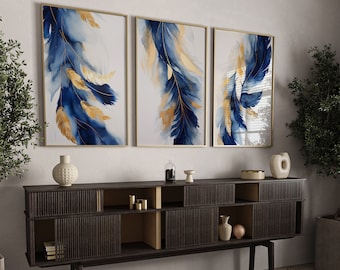 Navy Blue & Gold Feather Wall Art | Set of 3 Navy Blue Room Decor | Floral Art