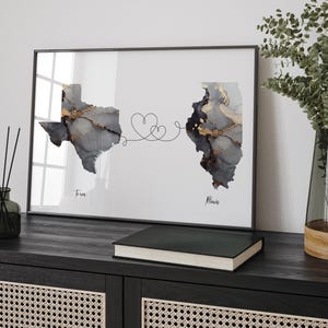 Carte du Texas et de l'Illinois, impression d'art mural de voyage noir et or | Texas | Cadeau déménagement