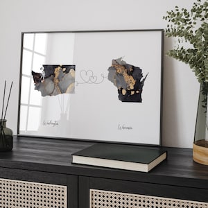 Washington en Wisconsin kaart zwart-goud reizen muurkunst print | Washington | Cadeau voor op reis verhuizen