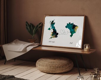 United Kingdom and Brazil Map Green & Gold Travel Wall Art Print | United Kingdom | Travel Moving Home Gift