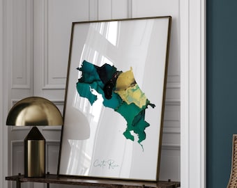 Costa Rica Map Emerald Green and Gold Wall Art Print