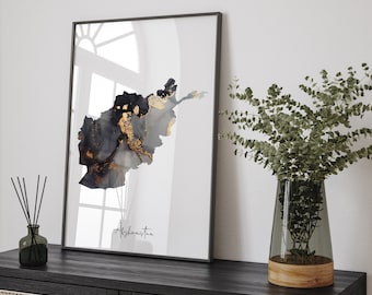 Afghanistan Map Black & Gold Wall Art Print [EV]