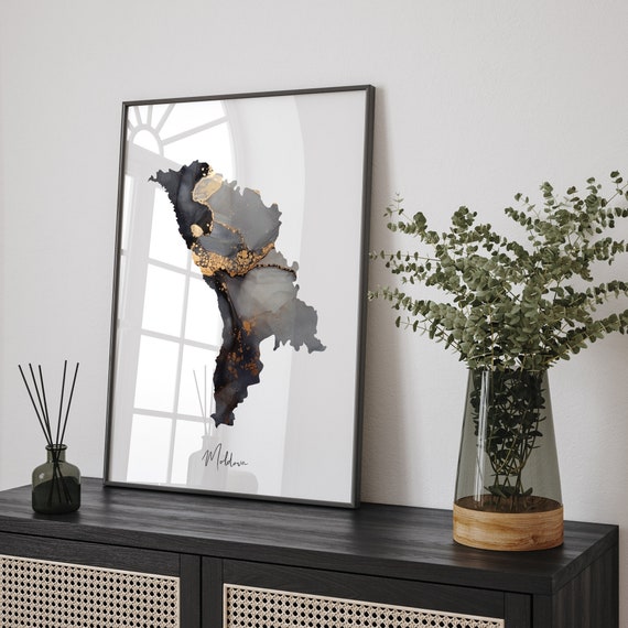Moldova Map Black & Gold Wall Art Print [EV]