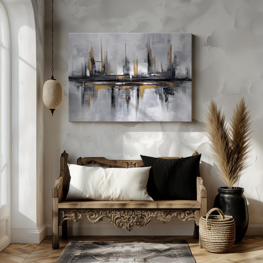 Grey & Gold Abstract Skyline Canvas Wall Art | Modern Urban Decor - Etsy