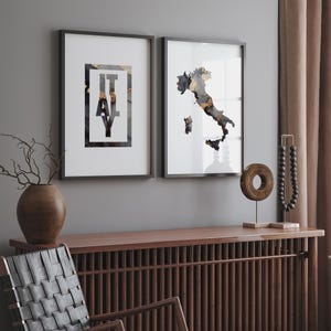 Kaart van Italië Set van 2 zwart-gouden kaart + typografie kunst aan de muur