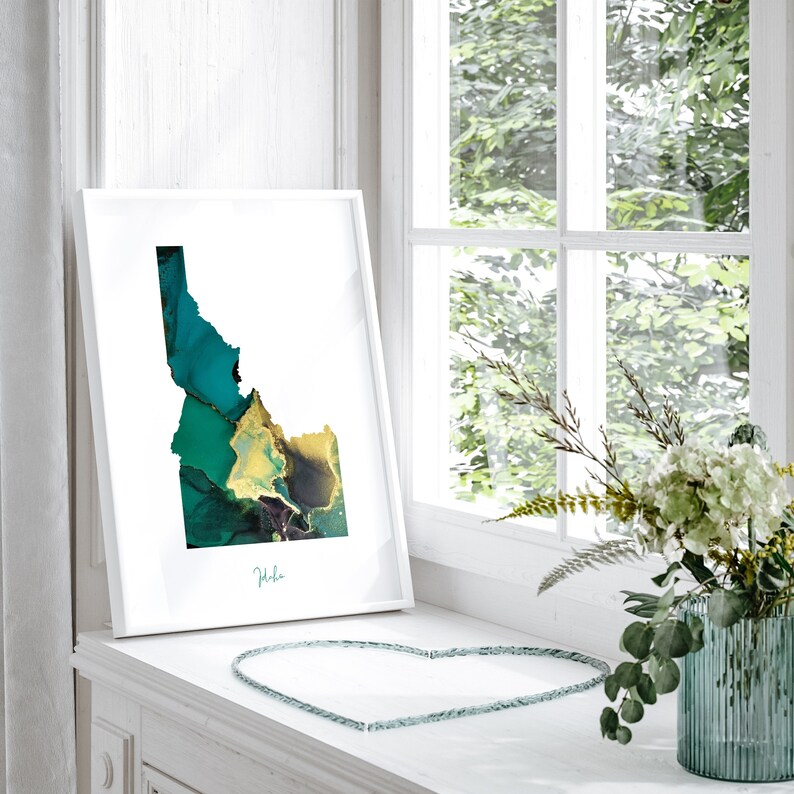 Idaho Map Emerald Green and Gold Wall Art Print | US State | USA ...