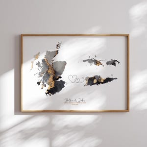 Mapa da Escócia e Ilhas Virgens Americanas Impressão de arte de parede de viagem em preto e dourado | Escócia | Presente de mudança de casa de viagem