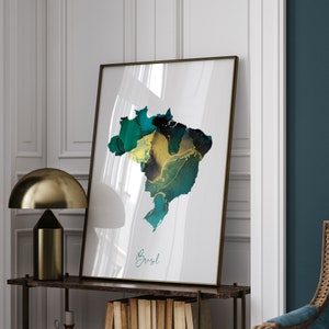 Wereldkaart Brazilië smaragdgroen en goud kunstprint
