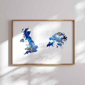 Großbritannien und Hong Kong Map Blue & Gold Travel Wall Art Print | Vereinigtes Königreich | Reisen Umzug Geschenk