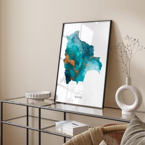 Impression d'art mural carte de la Bolivie turquoise et or