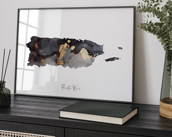 Puerto Rico Map Black & Gold Wall Art Print [EV]