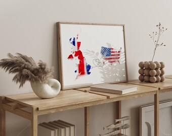 Mapa flagi z Wielkiej Brytanii do USA w akwareli, wydruk ścienny | Prezent na rocznicę przeprowadzki z Wielkiej Brytanii do USA