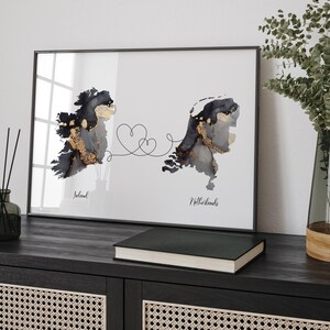 Carte de l'Irlande et des Pays-Bas, impression d'art mural de voyage noir et or | Irlande | Cadeau déménagement