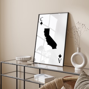Carte de Californie inspirée des cartes à jouer, impression d'art mural | Minimaliste noir et blanc | Monochrome | État américain | États-Unis d'Amérique | Etats-Unis