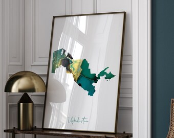 Stampa artistica da parete con mappa dell'Uzbekistan, verde smeraldo e oro