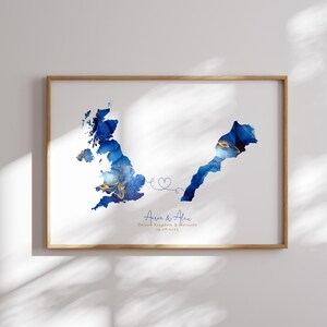 Carte du Royaume-Uni et du Maroc, impression d'art mural bleu et or de voyage | Royaume-Uni | Cadeau déménagement