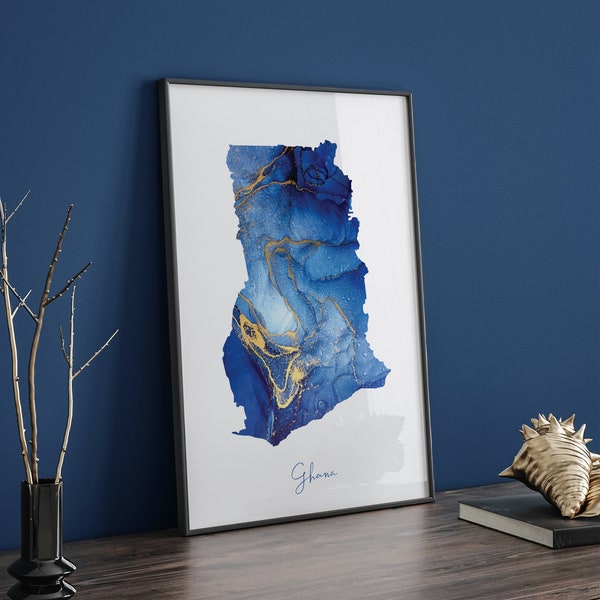 Ghana Map Blue and Gold Wall Art Print