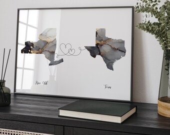 New York und Texas Karte Schwarz & Gold Reise Wand Kunst Druck | New York | Reisen Umzug Geschenk