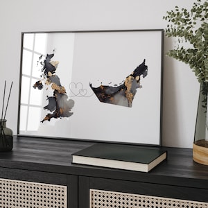 Großbritanien und Vereinigte Arabische Wähler Karten-Schwarz-Goldreise-Wand-Kunst-Druck | Vereinigtes Königreich | UK VAE