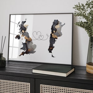Impresión de arte mural de viaje en negro y dorado con mapa de Gran Bretaña y Argentina / Reino Unido / Reino Unido