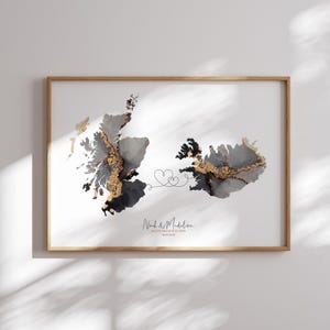 Carte de l'Ecosse et de l'Islande, impression d'art mural de voyage noir et or | Écosse | Cadeau déménagement