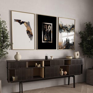 Set van 3 zwarte en gouden muurkunst Florida | Kaart Florida | Skyline Florida | Typografie Florida | Illinois | Verenigde Staten