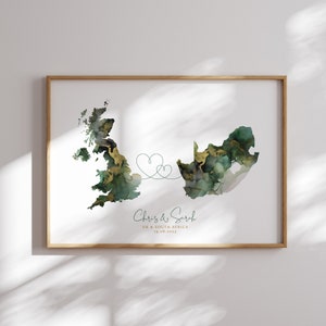 Impression de carte personnalisée | Carte personnalisée de deux pays ou des États-Unis, impression d'art mural de voyage vert sauge et or | Cadeau de fiançailles de mariage