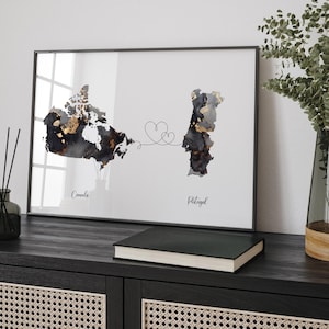 Carte du Canada et du Portugal, impression d'art mural de voyage noir et or | Canadienne | Décoration minimaliste | Art du voyage international