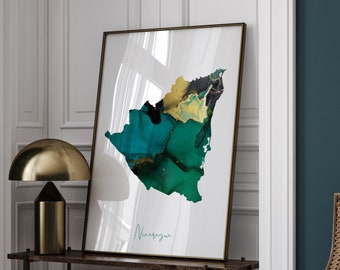 Impresión de arte mural en color verde esmeralda y dorado con el mapa de Nicaragua