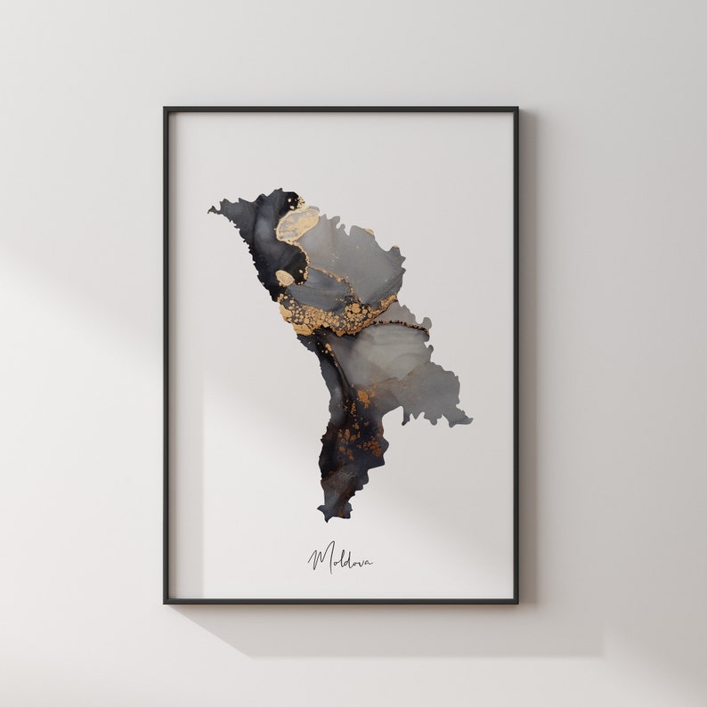 May include: A black and gold abstract art print of the country of Moldova. The print features a silhouette of the country with a black and gold watercolor background. The word "Moldova" is written in cursive at the bottom of the print.