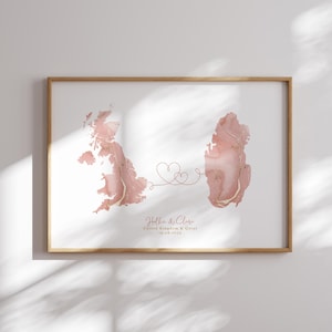 Großbritannien und Katar Karte Pink & Gold Reise Wand Kunst Druck | Vereinigtes Königreich | Reisen Umzug Geschenk