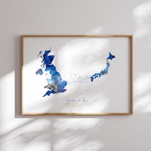 Großbritanien und Japan Karte Blau & Gold Reise Wand Kunst Druck | Vereinigtes Königreich | Reisen Umzug Geschenk