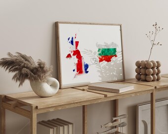 UK to Bulgaria Watercolour Flag Map Wall Art Print | United Kingdom to Bulgaria Anniversary Moving Gift