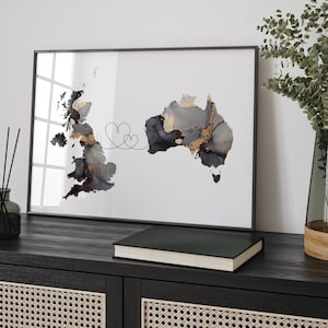 Impression d'art murale de voyage personnalisée en noir et or sur la carte de deux pays ou des États-Unis