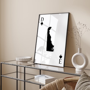 Carte du Delaware inspirée des cartes à jouer, impression d'art mural | Minimaliste noir et blanc | Monochrome | État américain | États-Unis d'Amérique | Etats-Unis