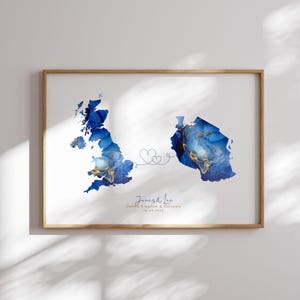 Großbritannien und Tansania Karte Blau & Gold Reise Wand Kunst Druck | Vereinigtes Königreich | Reisen Umzug Geschenk