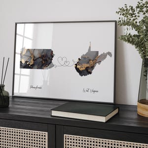 Pennsylvanien und West Virginia Karte Schwarz & Gold Reise-Wand-Kunst-Druck | Pennsylvania | Reisen Umzug Geschenk