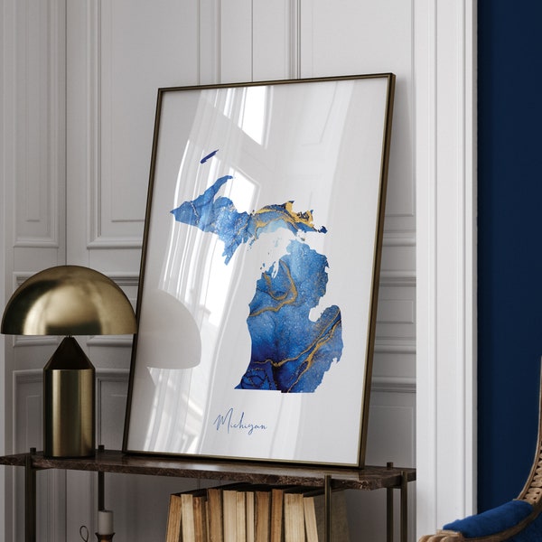 Impression d'art mural bleu et or carte du Michigan | État américain | États-Unis d'Amérique | Etats-Unis