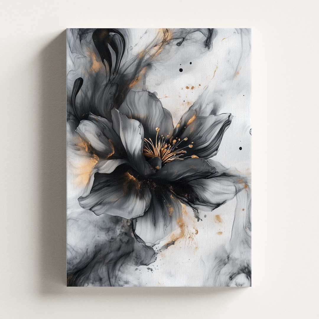 Abstract Flower Wall Art in Black and Gold Modern Floral Canvas ...