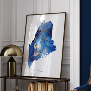 Kaart van Maine blauw en goud kunst aan de muur | Amerikaanse staat | Verenigde Staten van Amerika | VS