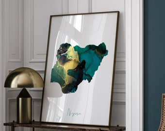 Nigeria Map Emerald Green and Gold Wall Art Print