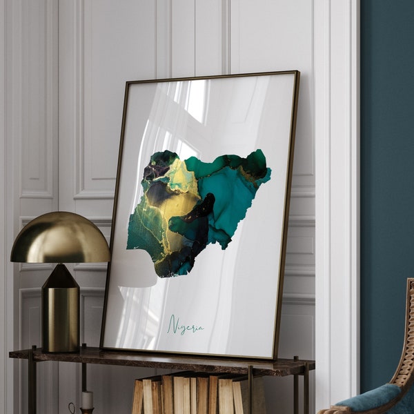 Nigeria Map Emerald Green and Gold Wall Art Print