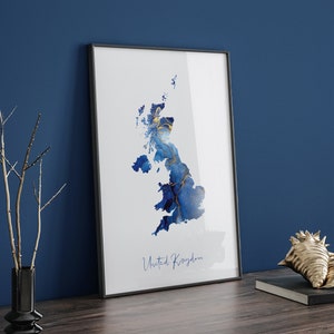 United Kingdom Map Blau und Gold Wall Art Print UK