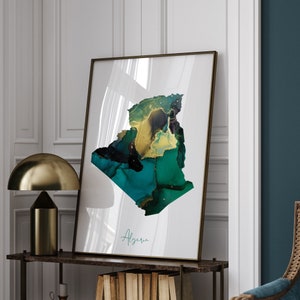 Carte de l'Algérie, impression d'art murale vert émeraude et or