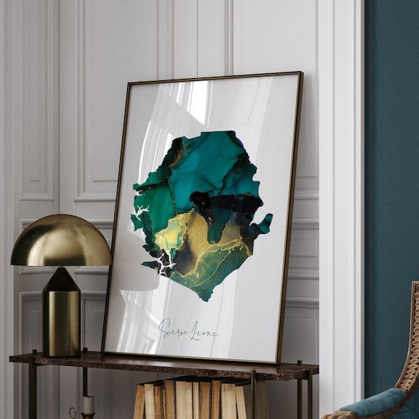 Sierra Leone Map Emerald Green and Gold Wall Art Print