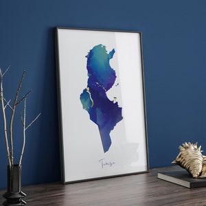 Carte de la Tunisie bleu et or Impression artistique