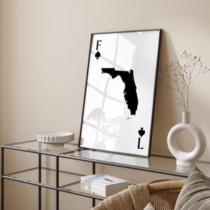 Impresión de arte de pared inspirada en naipes con mapa de Florida / Minimalista en blanco y negro / Monocromo / Estado de EE. UU. / Estados Unidos de América / EE. UU.