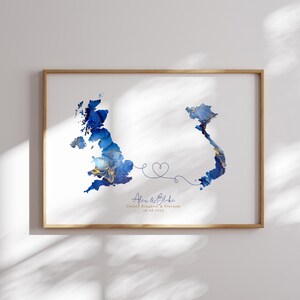 Großbritannien und VIETNAM Map Blue & Gold Travel Wall Art Print | Vereinigtes Königreich | Reisen Umzug Geschenk