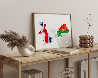 UK to Burkina Faso Watercolour Flag Map Wall Art Print | United Kingdom to Burkina Faso Anniversary Moving Gift